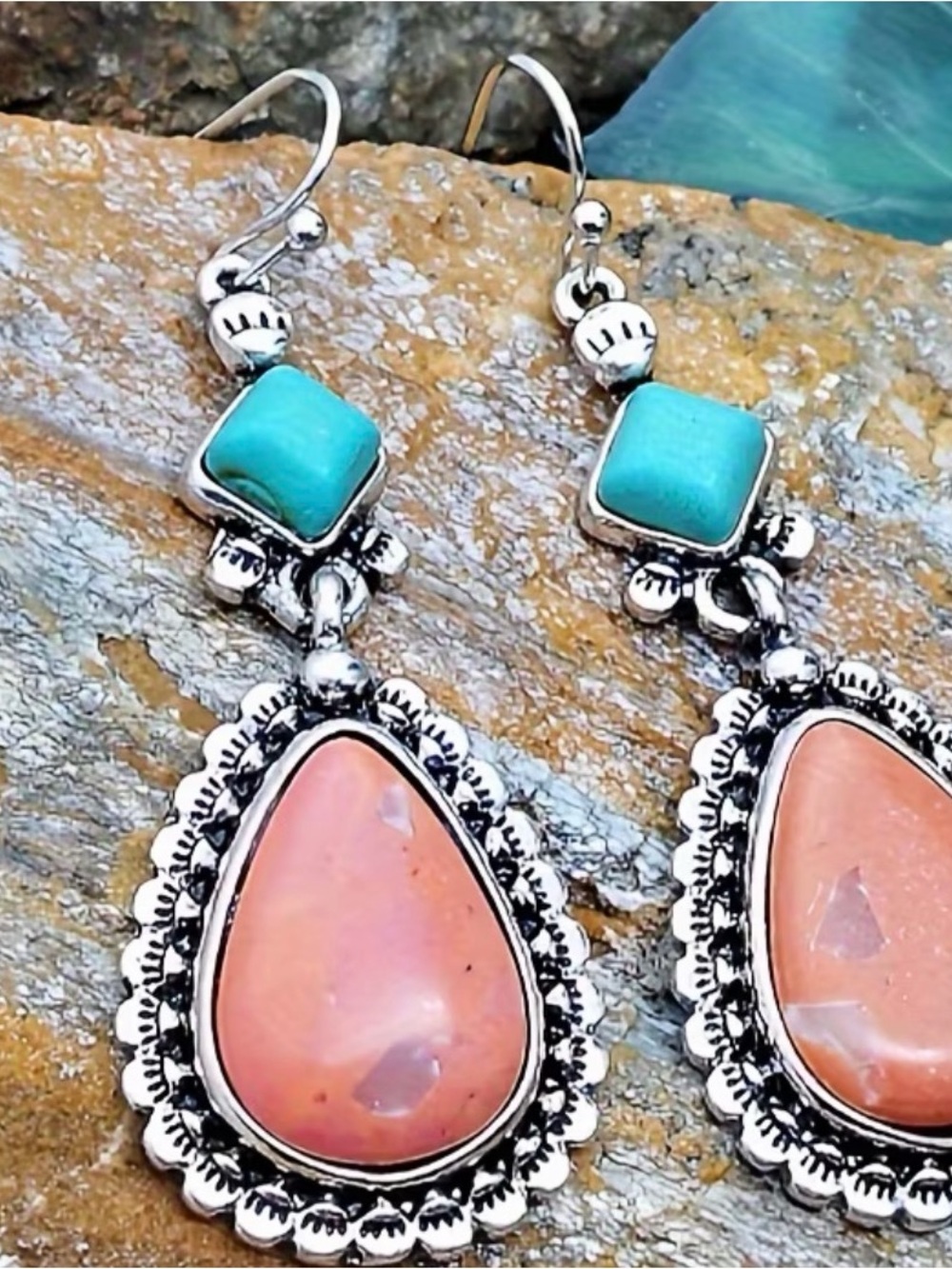 Handcrafted Turquoise & Coral Teardrop Dangle Earrings - Women Jewelry